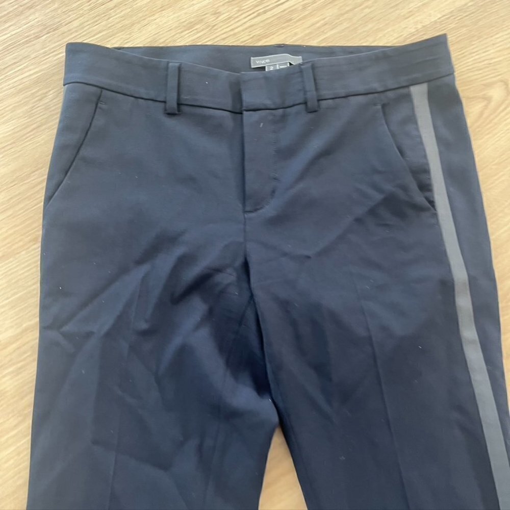 Vince Leather Trim Wool Pants Trousers Straight Leg Navy Green Women's Size 2 - Picture 5 of 11